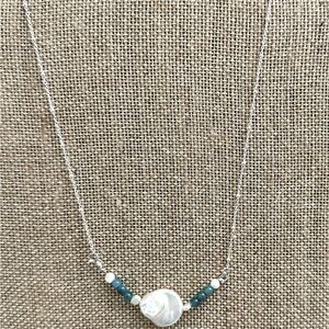 NEW- Handcrafted 18” SS necklace coin FWP, Apatite & pearls.